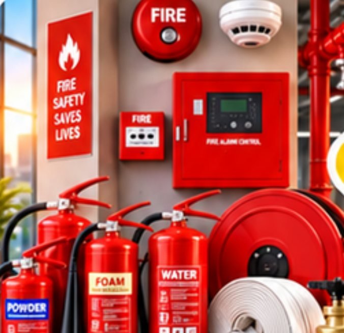 Fire extinguishers, hose reel and alarm call point