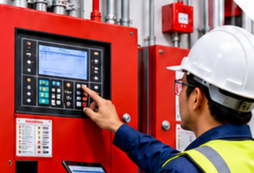 Engineer testing a fire alarm control panel