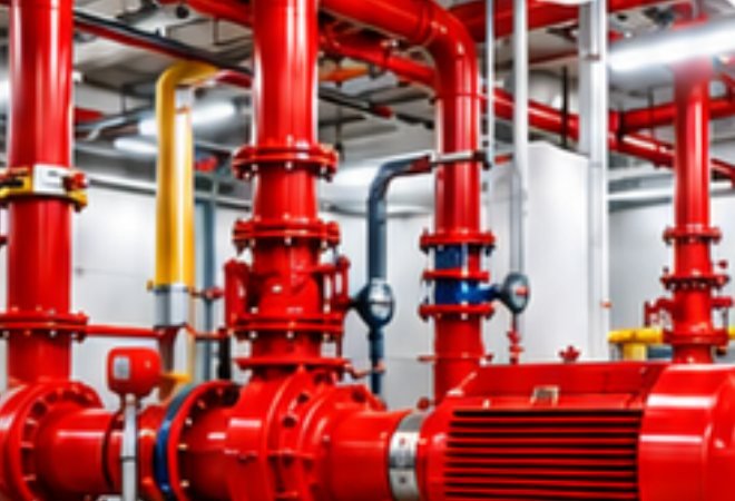 Fire pump room with red sprinkler pipework