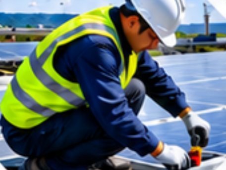 Technician installing solar panel mounting